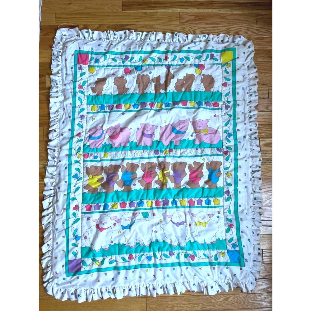 Vintage 80s Baby Quilt Blanket Ruffled Teddy Bear Pig Sheep Alphabet White 44x34